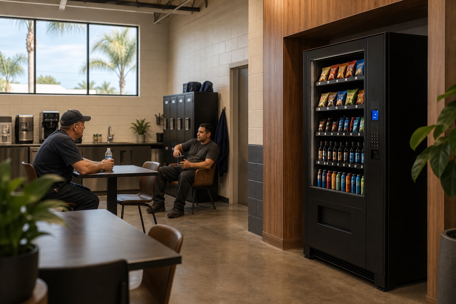 A practical vending placement in a clean operations-facility break room.