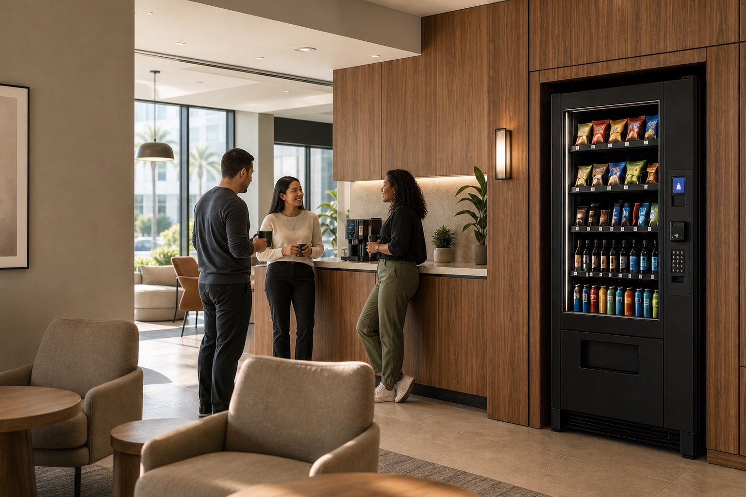 Coworkers taking a break beside a vending machine integrated into a warm office lounge.