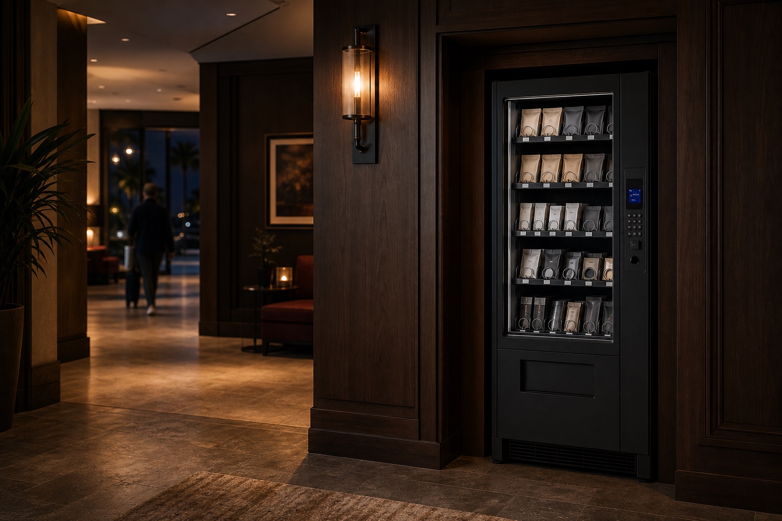 A discreet essentials vending machine integrated near a warm hospitality entrance corridor.
